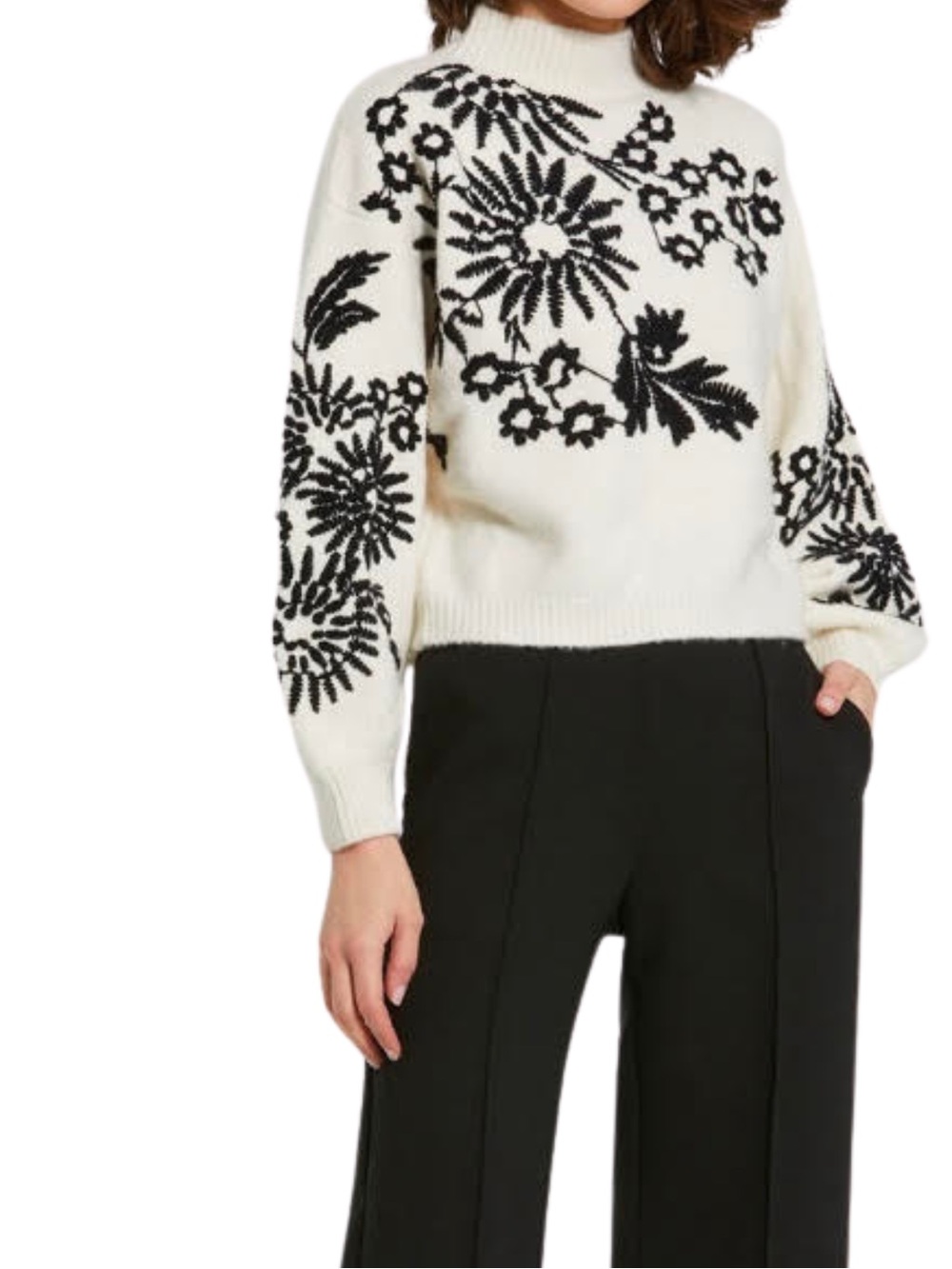 Mac Duggal Ballon Sleeve Cropped Mock Neck Knit Sweater - Picture 2 of 11